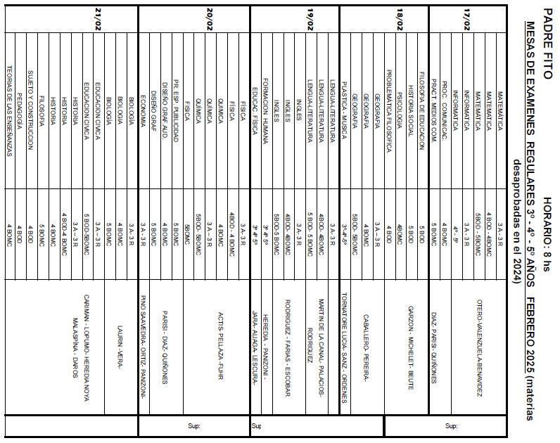 MESAS DE EXAMENES  REGULARES 3º - 4º - 5º AÑOS   FEBRERO 2025